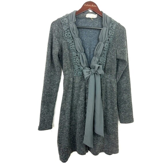 Areve Women Gray Ruffle Bow Lace Trim Longline Boho Cardigan Sweater Sz S 1110H3 - Picture 6 of 11